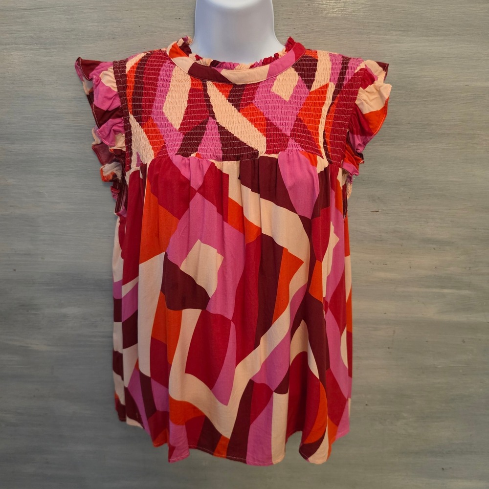 THML Multicolor Abstract Print  High Ruffle Collar High Low Blouse Medium GC